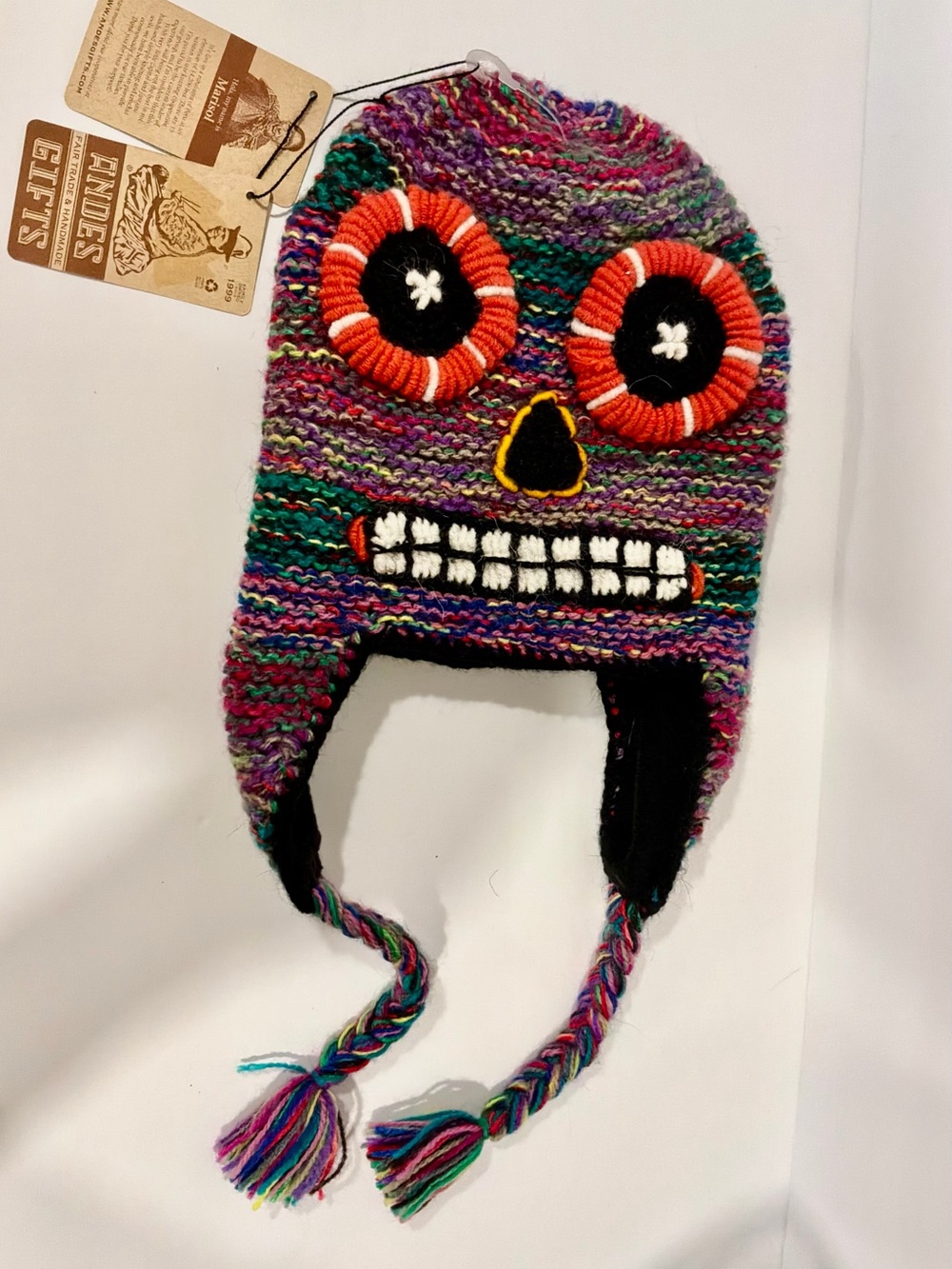 NWT..ANDES GIFTS…Earflap Knit Hat with Fun Face